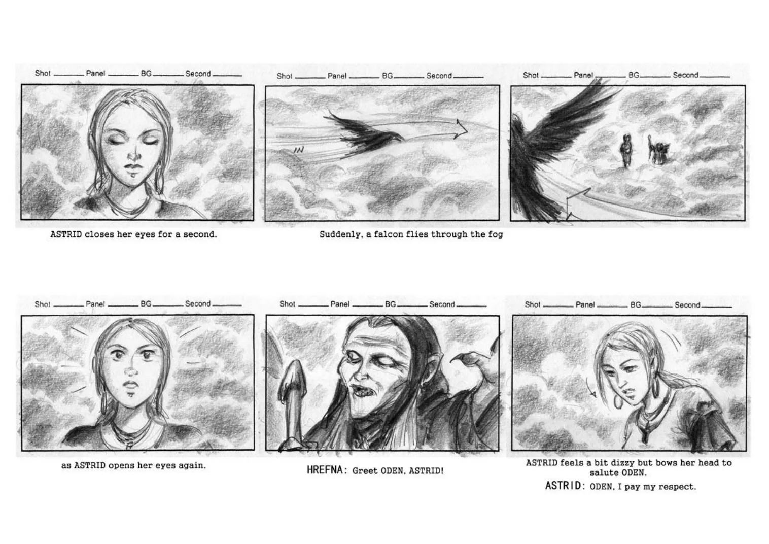 Storyboard page with original sequence drawings