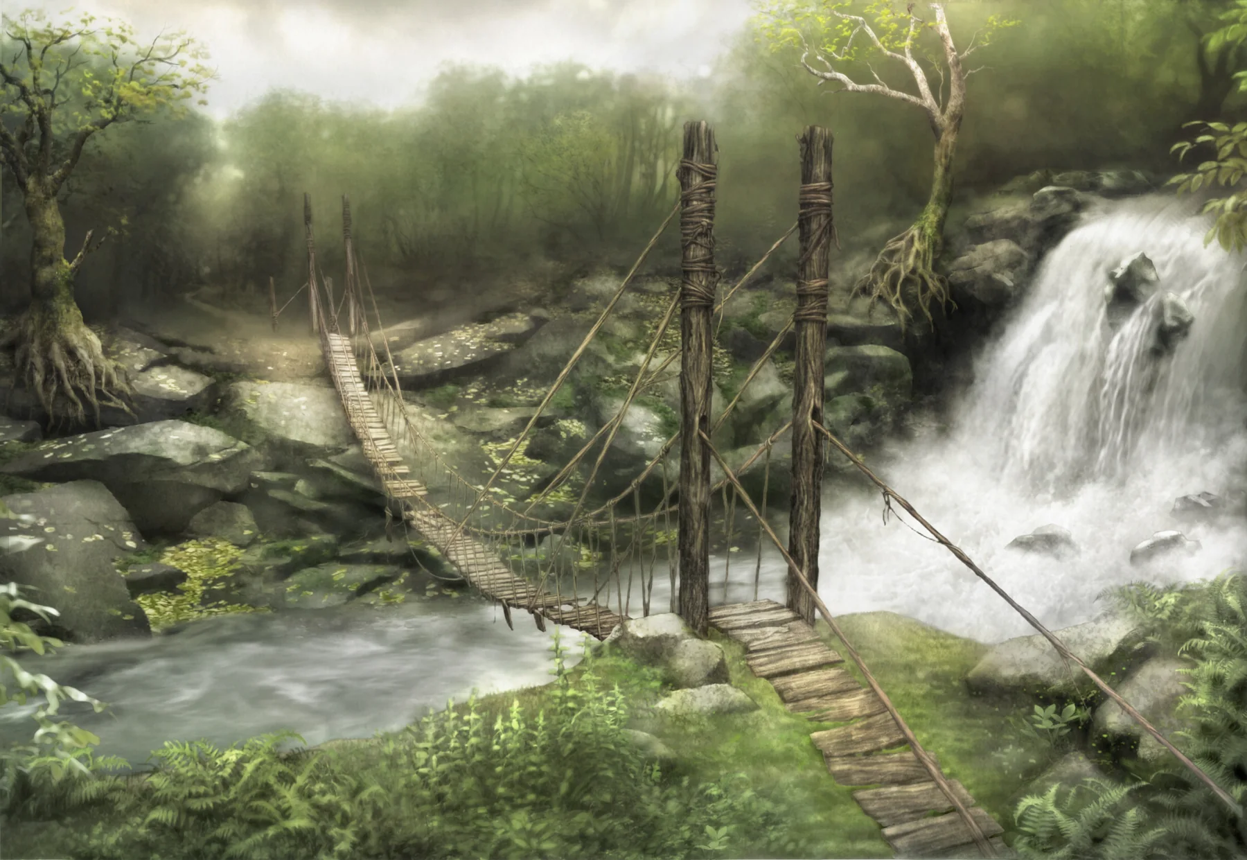 Concept painting of a rope bridge over a river