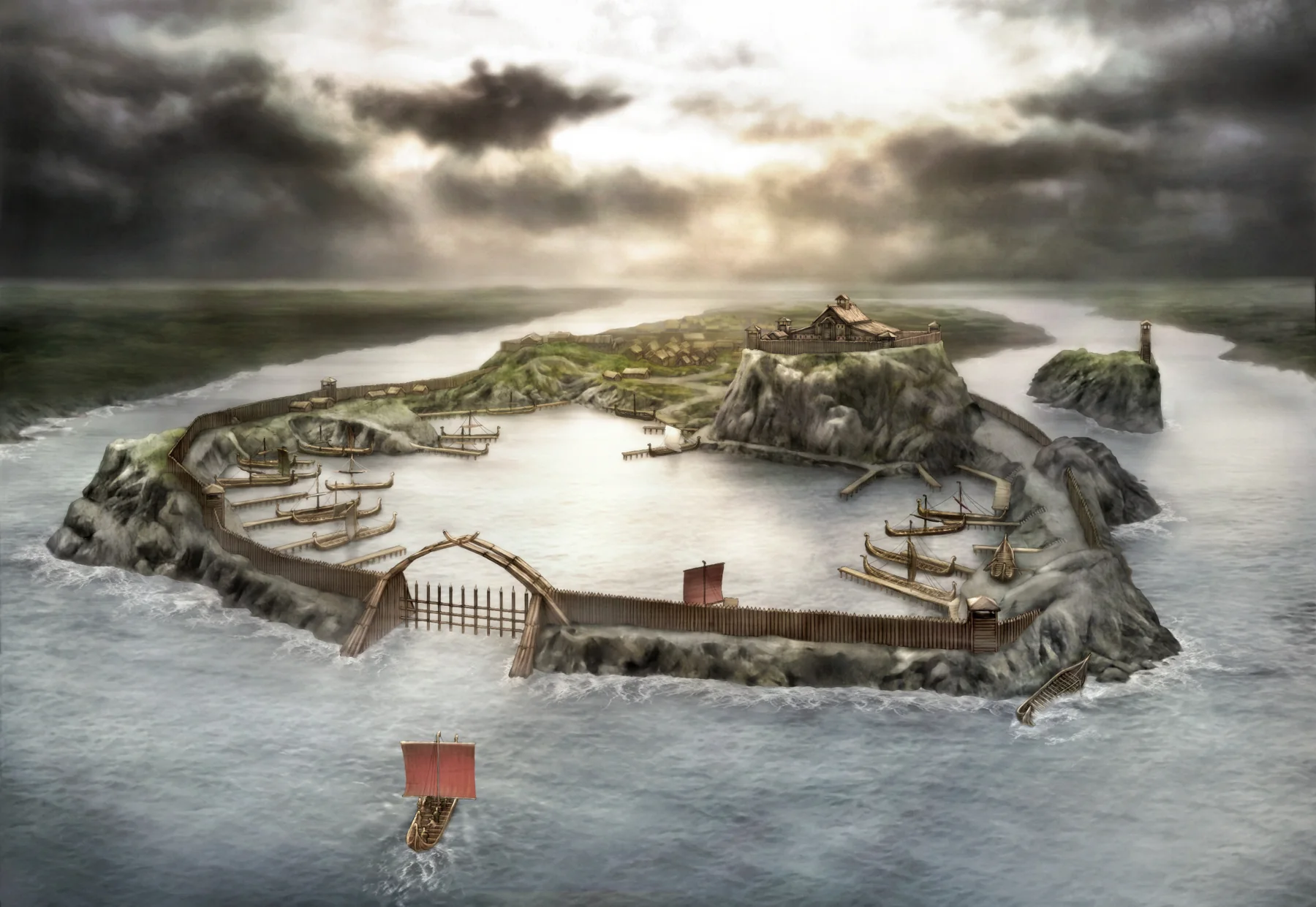 Original concept painting of the Viking harbour at Wollin